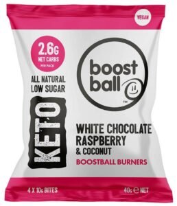 keto boost balls white chocolate raspberry and coconut