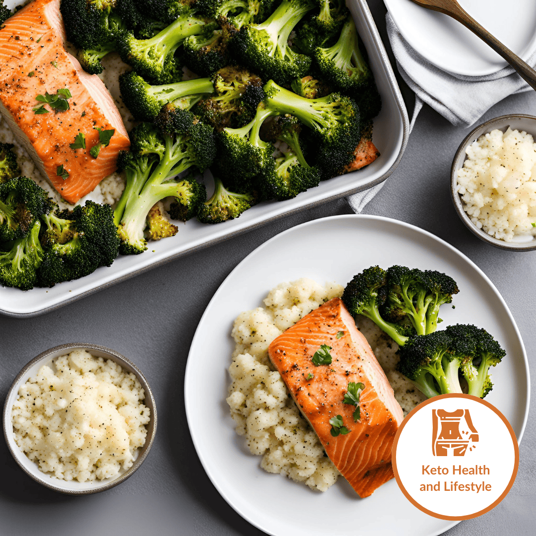 keto baked salmon with broccoli and cauliflower rice keto health and lifestyle