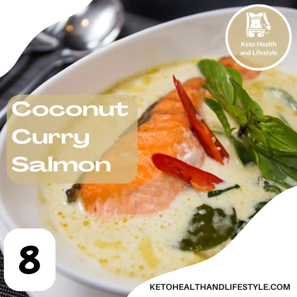 Keto Health and Lifestyle: Salmon in coconut curry with red chilli and greens.