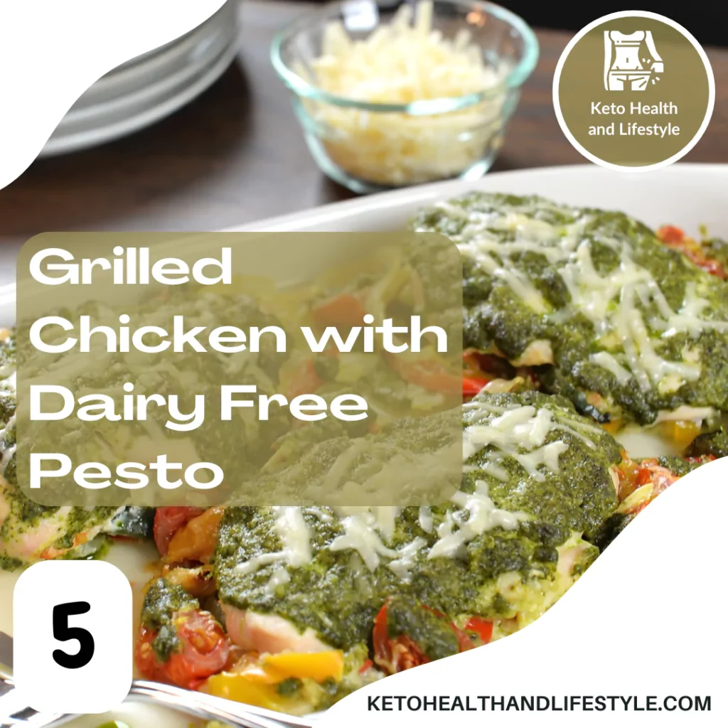 Keto Health and Lifestyle: Grilled chicken topped with creamy, dairy-free pesto sauce.