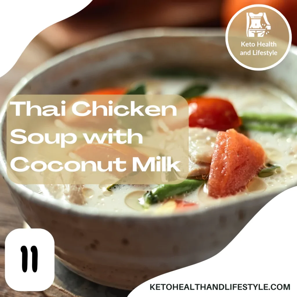 Keto Health and Lifestyle: Fresh Thai chicken soup with coconut milk and veggies.