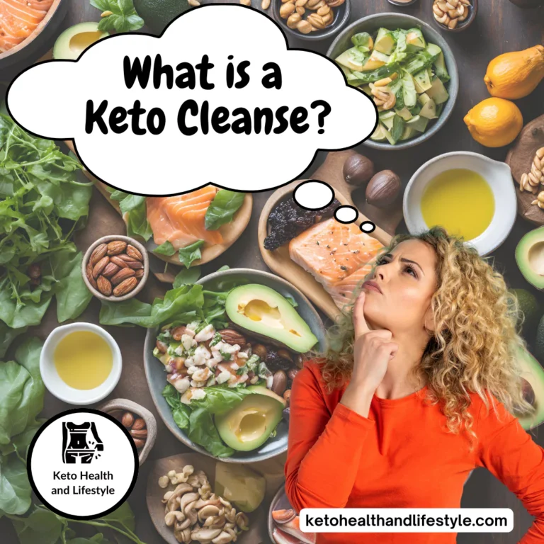 Thoughtful woman with a speech bubble over keto-friendly foods asking what is a keto cleanse? Keto Health and lifestyle