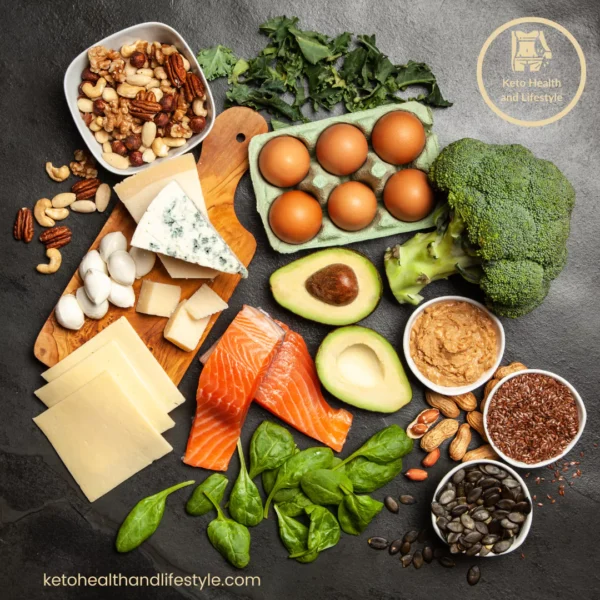 Keto diet foods: salmon, eggs, avocado, cheese, nuts, seeds, and greens.