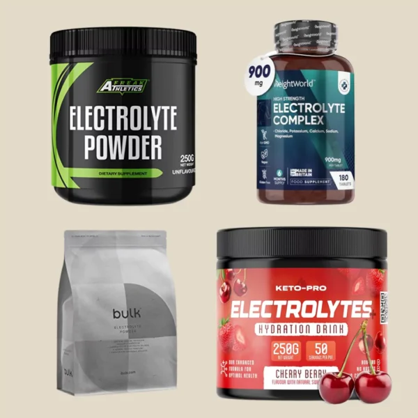 Variety of electrolyte powders and tablets for fitness enthusiasts.