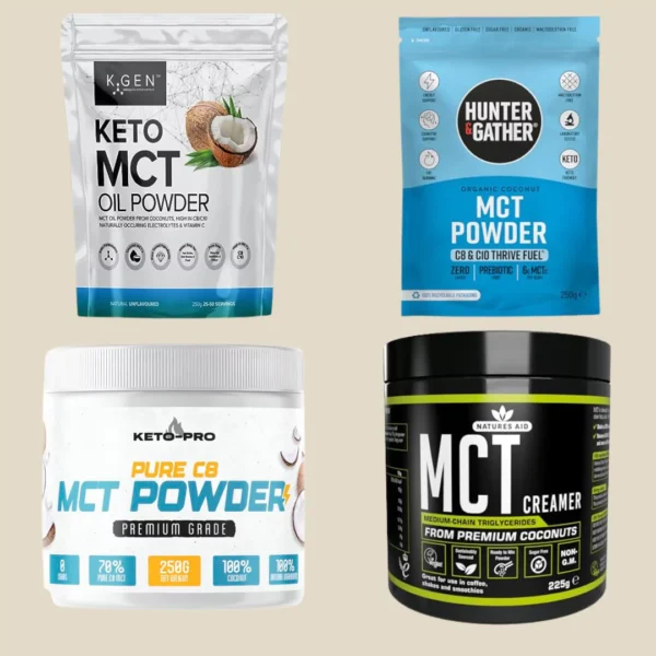 Packaged MCT powder products, perfect for keto diets.