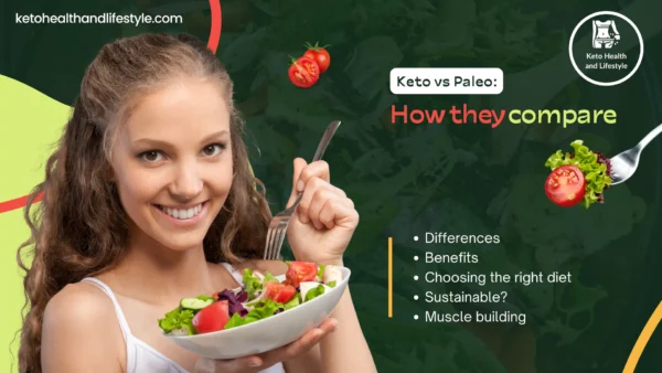 The image contrasts two popular diet trends: Keto vs Paleo, focusing on healthy lifestyle choices.