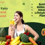 Common Keto mistakes: A woman enjoys a banana surrounded by fresh fruits and vegetables, highlighting a healthy keto lifestyle.