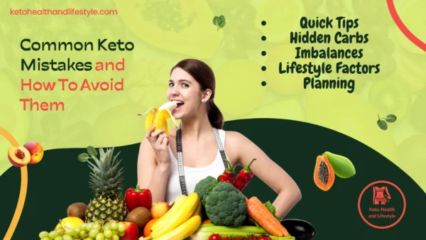 Common Keto mistakes: A woman enjoys a banana surrounded by fresh fruits and vegetables, highlighting a healthy keto lifestyle.