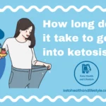 How long does it take to get into ketosis? An illustration of a timer next to a happy woman holding healthy food.