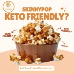 a bowl of popcorn with caramel topping saying is skinnypop popcorn keto friendly