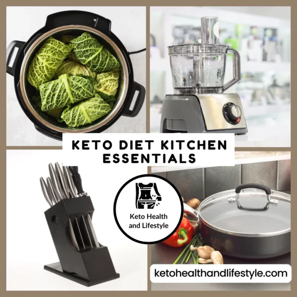 a collage of keto diet kitchen essentials