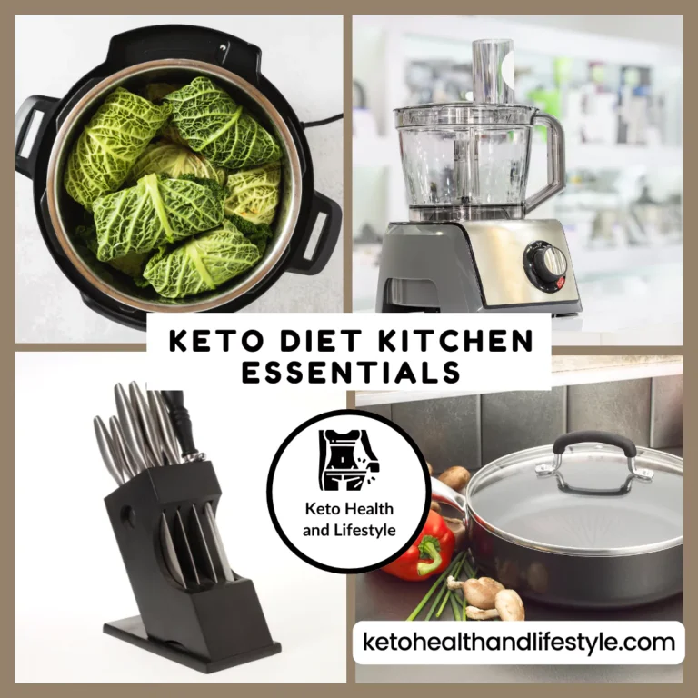 a collage of keto diet kitchen essentials