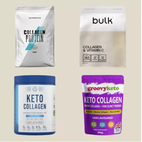 Display of low-carb collagen products (0g to 0.95g carbs per serving): Myprotein, Bulk, Keto unflavoured tub, Groovy Keto bovine with MCT.