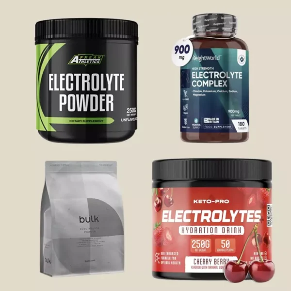 Keto-friendly electrolytes shown: black Athlete powder tub, brown Weightworld bottle, silver Bulk pouch, red Keto-Pro cherry berry jar.