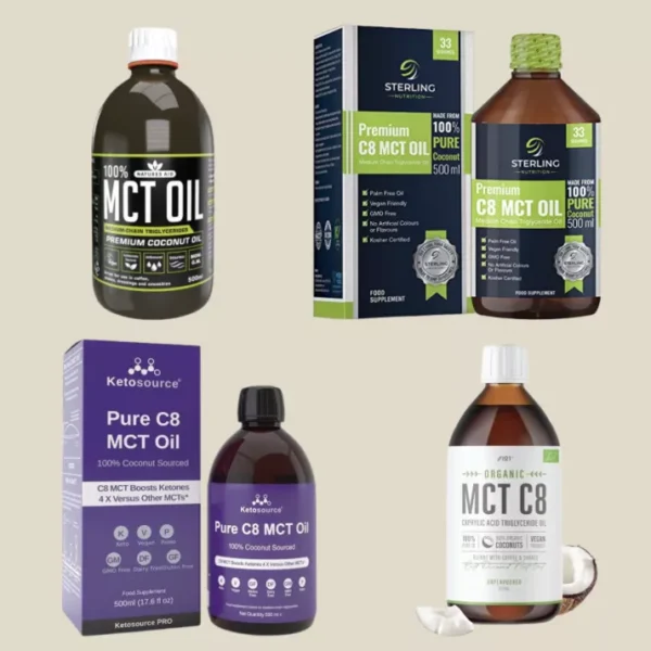 Keto essentials: Sterling MCT oil, Ketosource C8 and Pure premium coconut MCT.