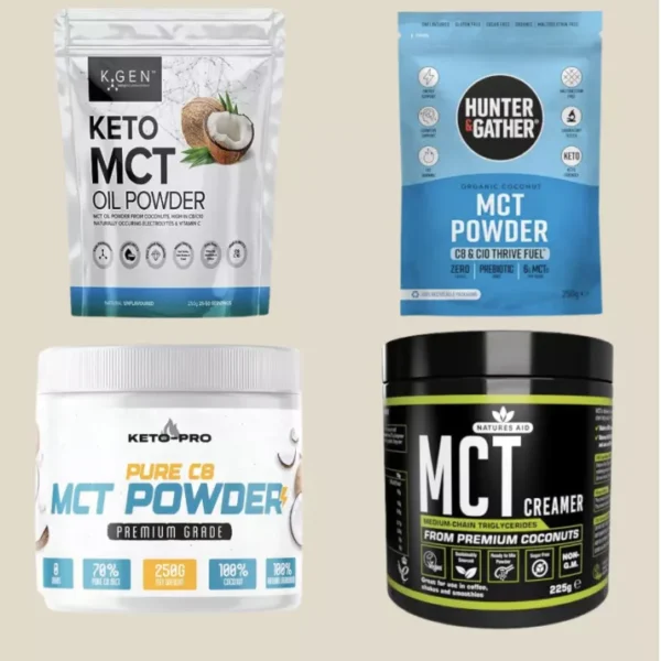 Keto supplements lineup with KGEN Keto MCT Oil Powder, Hunter and Gather MCT Powder, Keto-Pro Pure C8, Natra MCT Creamer.