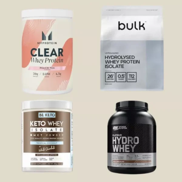 Keto-friendly whey proteins displayed: pink MyProtein Peach Tea tub, white Bulk Hydrolysed Isolate, Be Keto White Chocolate MCT Isolate, black ON Platinum Hydro Whey.