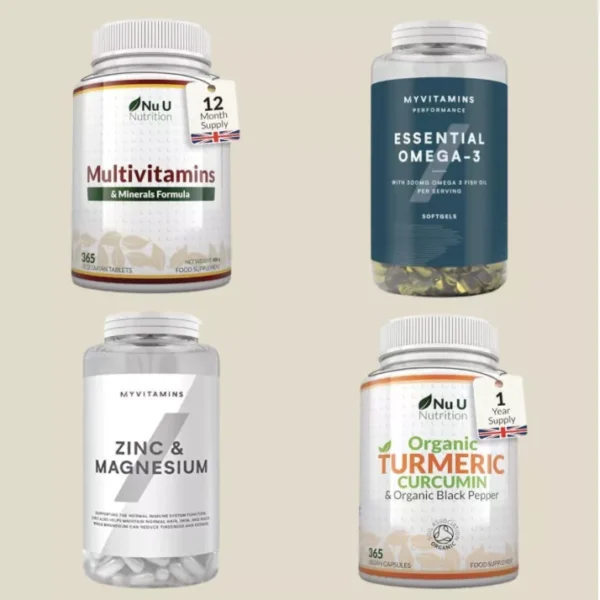 Keto-friendly looking supplements lineup with NuNu multivitamins, MyVitamins omegas, zinc magnesium, and turmeric black pepper.