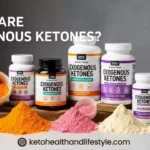 Bottles and vibrant powders of exogenous ketones arranged on a grey surface, for what are exogenous ketones info at ketohealthandlifestyle.com.