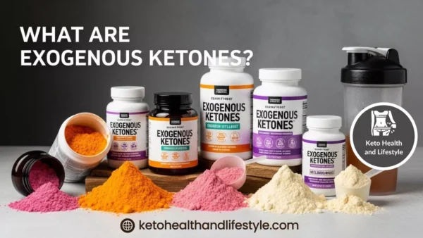 Bottles and vibrant powders of exogenous ketones arranged on a grey surface, for what are exogenous ketones info at ketohealthandlifestyle.com.
