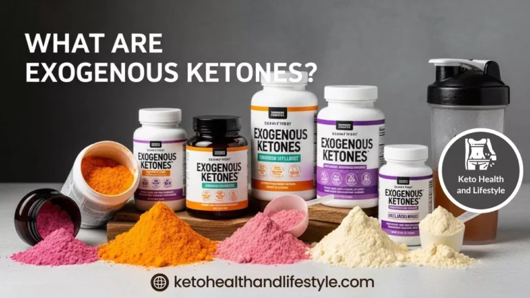 Bottles and vibrant powders of exogenous ketones arranged on a grey surface, for what are exogenous ketones info at ketohealthandlifestyle.com.